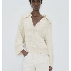 Massimo Dutti TEXTURED KNIT POLO COLLAR SWEATER size M beige/ cream